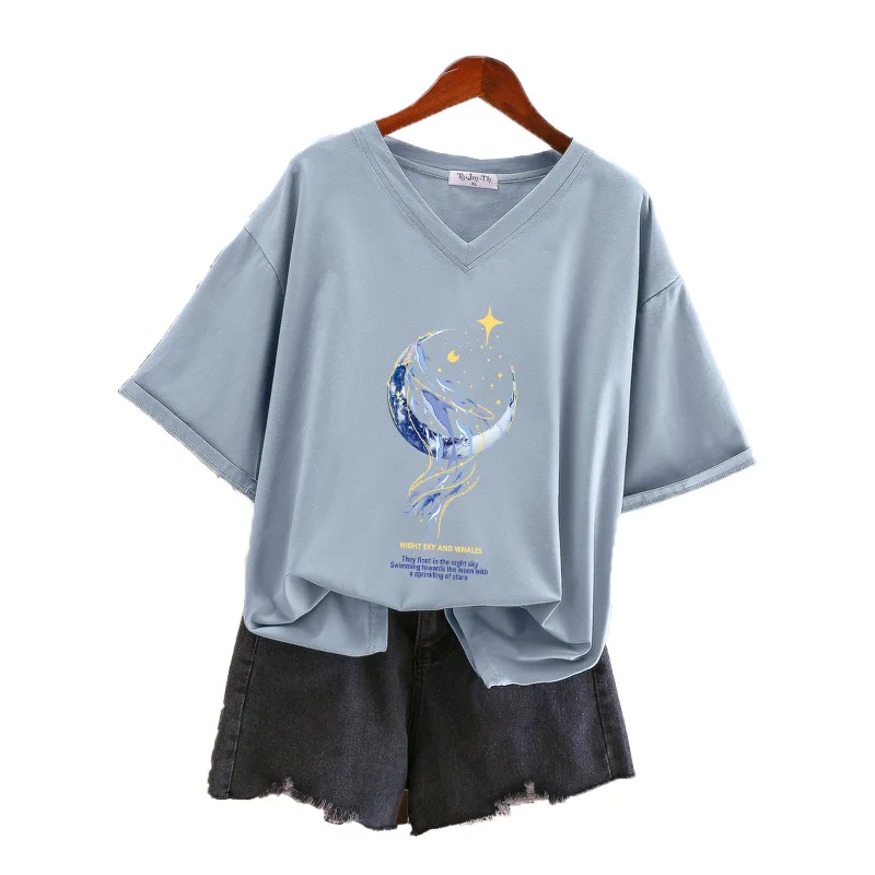 plus Size Women's Cotton T-Shirt V-Neck Short Sleeve Loose Fit Summer Slimming Top Korean Style Casual Cartoon Print Tee