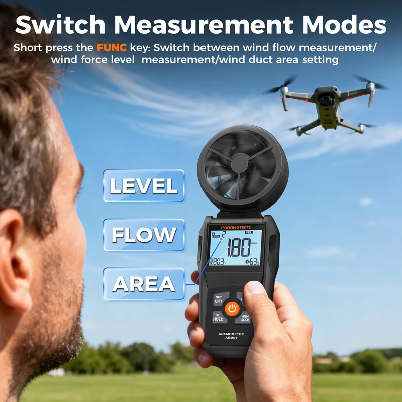 POROMETISTO AEM01 All-in-One Anemometer Handheld Windmeter Wind Speed Flow Level Temperature Humidity Meter With LCD Backlight