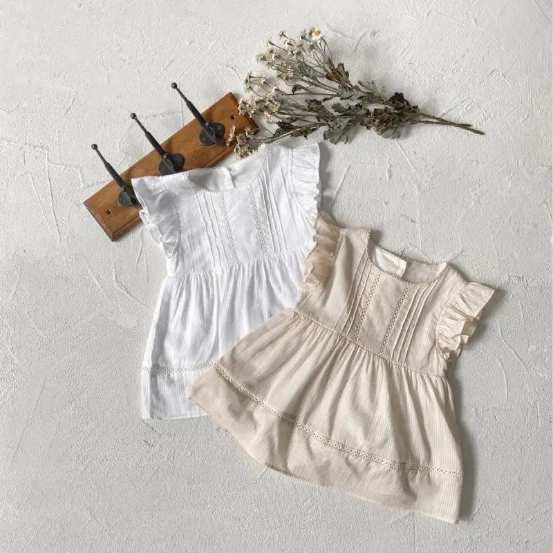 

2026 Summer New Baby Girl Flying Sleeve Dress Solid Infant Thin Cute Lace Dress Girls Princess Dress Cotton Toddler Clothes