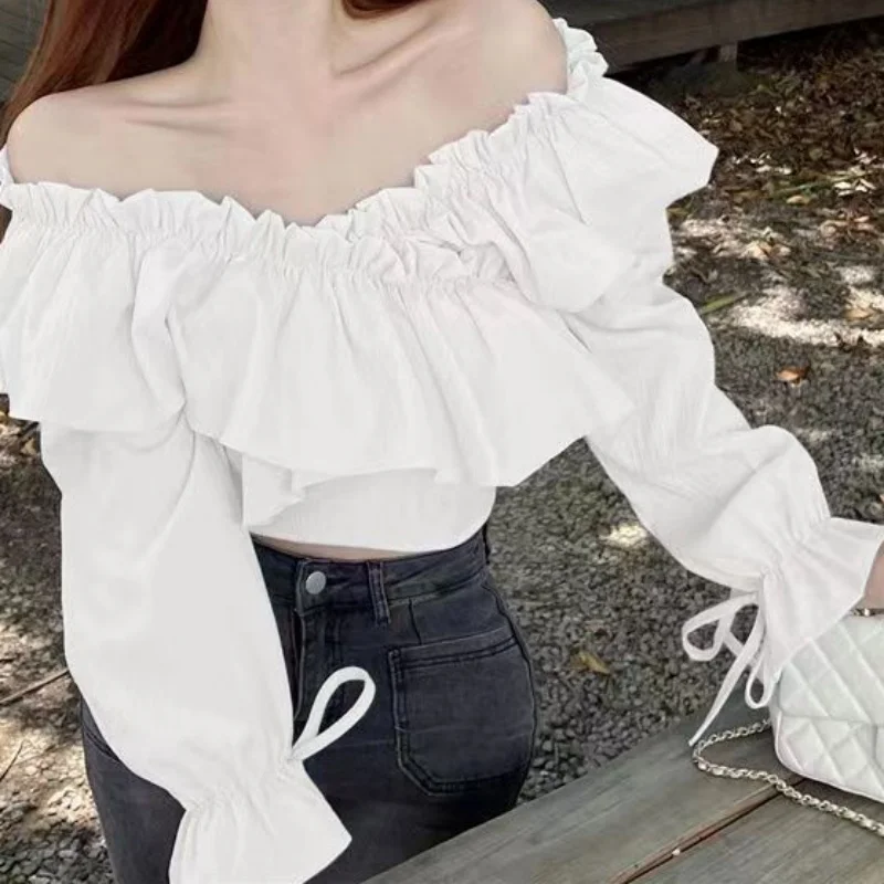 Spring Summer French Style Fashion Elegant Pure Sweet Shirt Slim Fit V Neck Ruffled Sleeve Casual Slash Neck Crop Top Korean