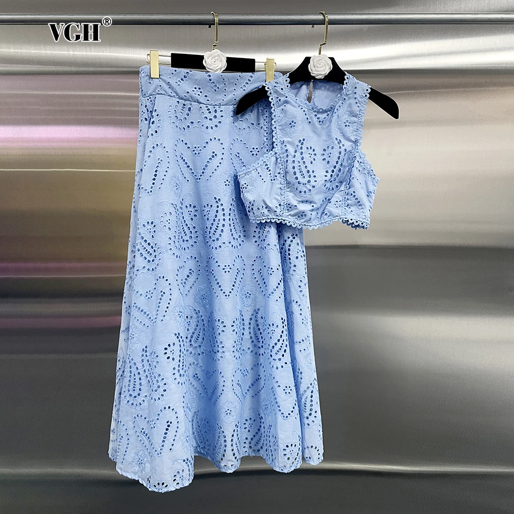 VGH Embroidery Hollow Two Piece Sets For Women Round Neck Sleeveless Top High Waist Pleated Long Skirt Suit Female Fashion Style