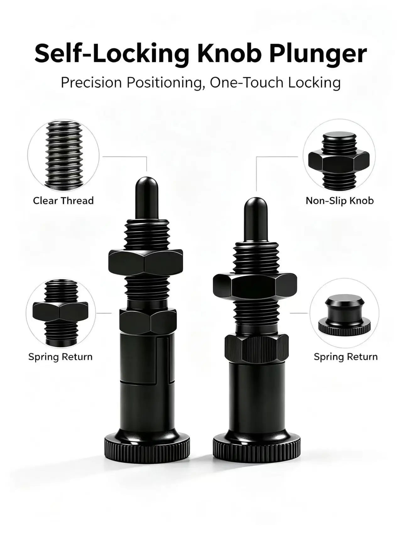 Self‑Locking Knob Plunger Carbon Steel Black Oxide Spring‑Loaded Indexing Locating Pin With Lock Nut view 4