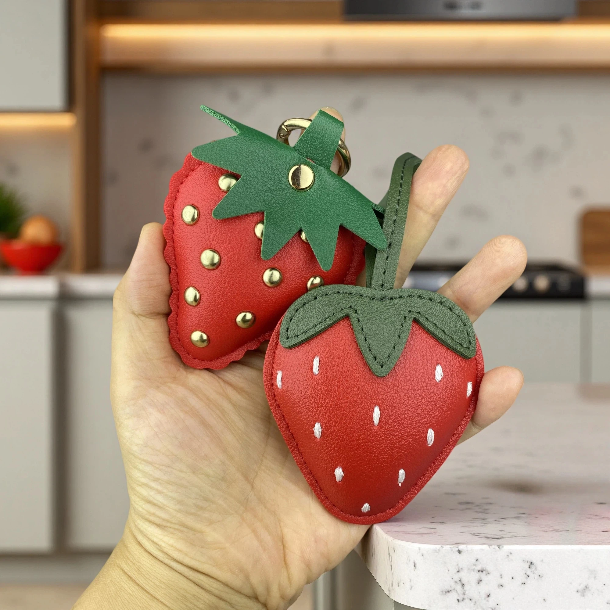 Tempting PU Leather Strawberry Keychain Bag Charm, Trendy Food-Themed Bag Charm, Food Pendant For Bag, Gift For Strawberry Lover