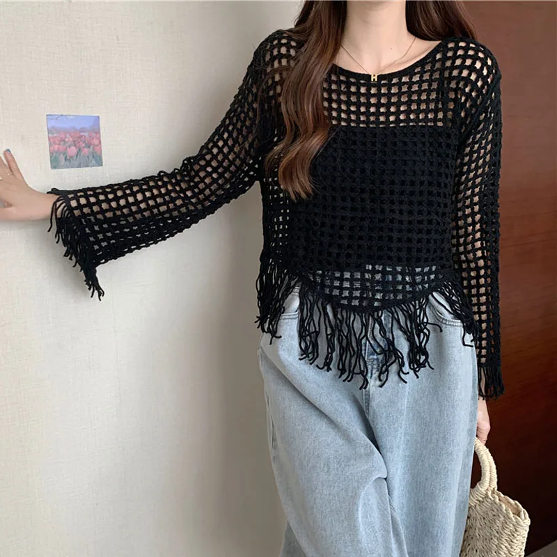 Boring Honey Retro Tassels Fashion Women Blouses Long Sleeves O-Neck Camis Tops Hollow Out Solid Colors Women's T-Shirt