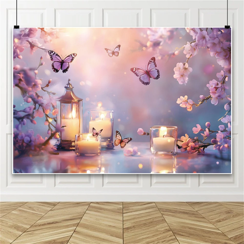 Butterfly Theme Photography Background Butterfly Candle Branch Flower Light Gradient Color Dreamlike Backdrop Photo Studio