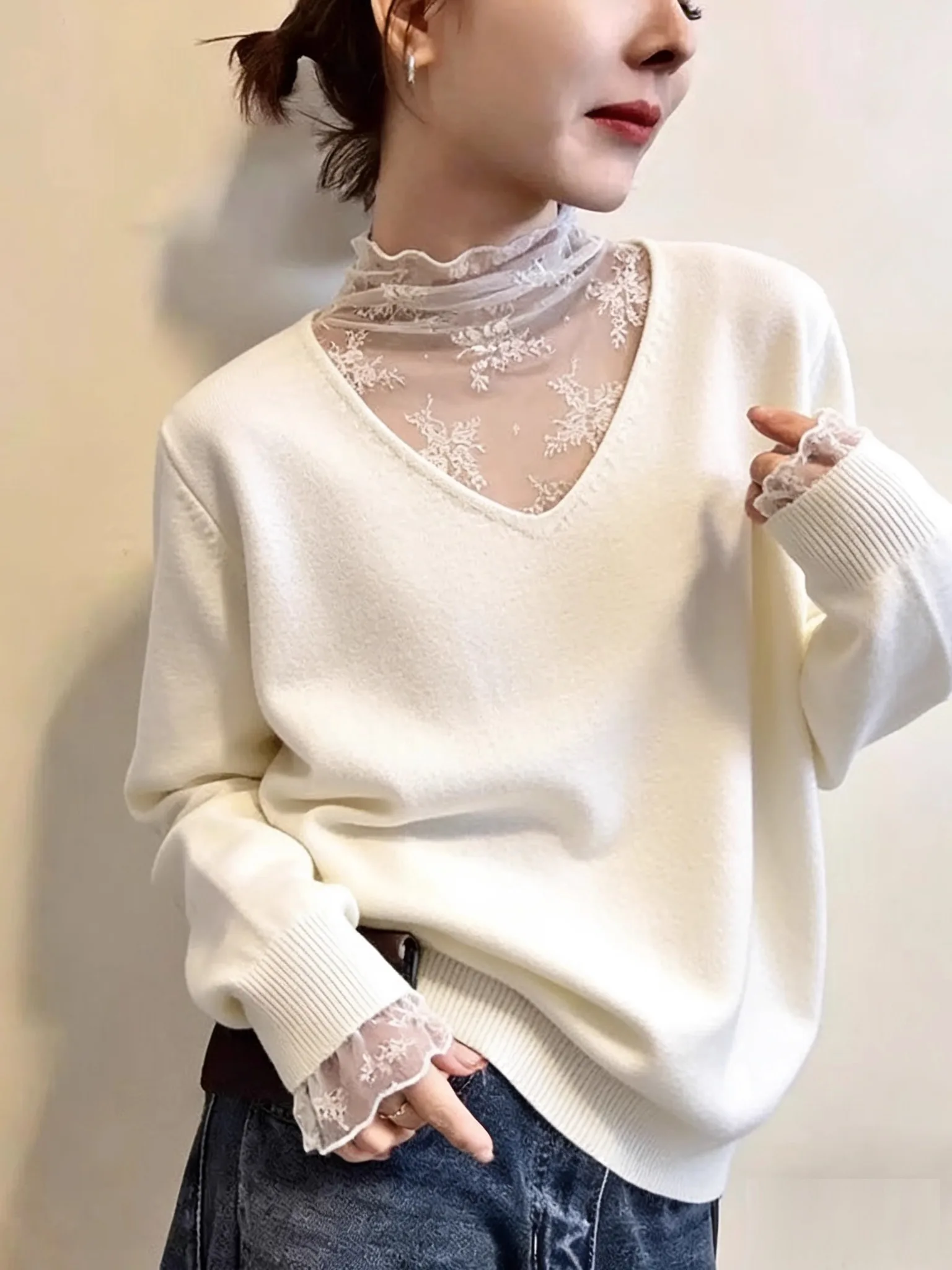 

Pure Desire Sle Lace Splice Long Sve f High Collar Women's Knitted Sweater Autumn Winter Faionable Inner Wear Top