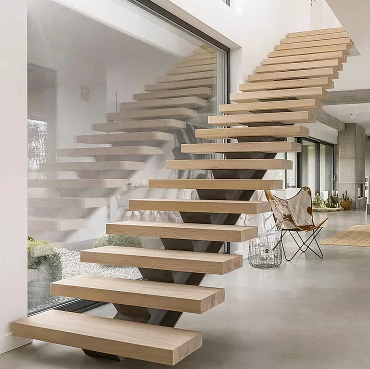 Customization Modern Design Interior Straight Wooden Floating Stair Tread Steps and Tempered Glass Panel Railing Handrail