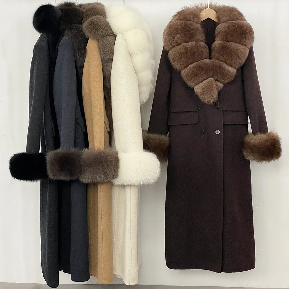 OFTBUY Damen Neue Herbst-Winter-Kleidung, Wollmantel mit Natürlichem Pelzkragen und -manschetten, Langer Warmer Echter Fuchspelz-Wollmantel – Detail 4