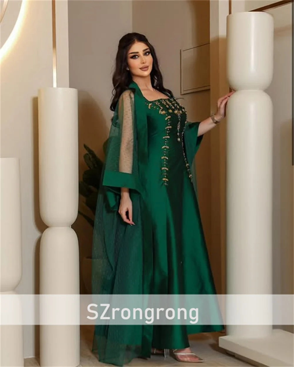 وعVestido de noche modesto con cuello barco y cuentas de satén para novia, largo hasta el suelo, vestido musulmán sin espalda, hecho a medida