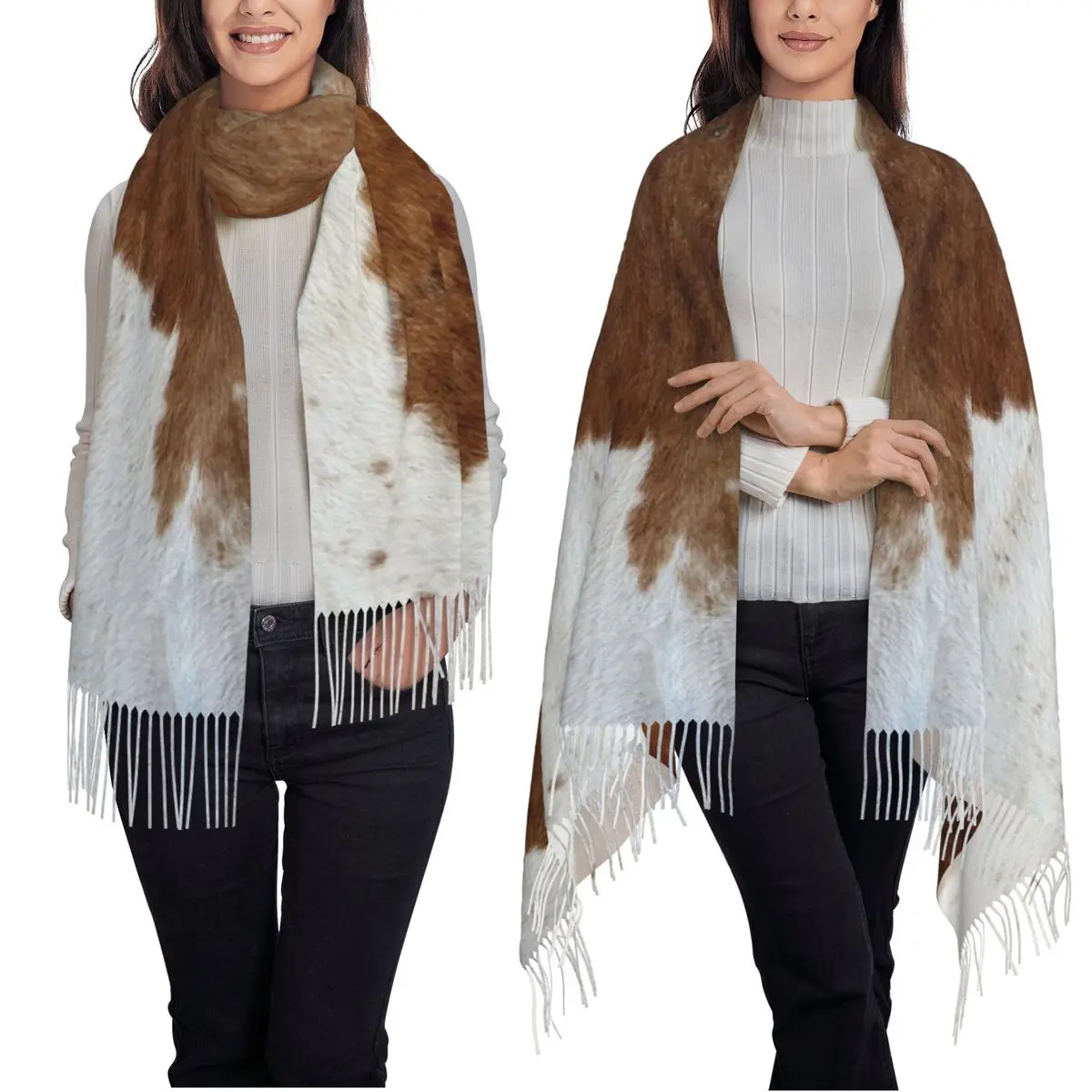 أنيق البقرة الفراء جلد البقر الملمس جلد البقر طقطق وشاح شرابة الأوشحة للنساء شالات ويلتف كبير الخريف الشتاء شال التفاف