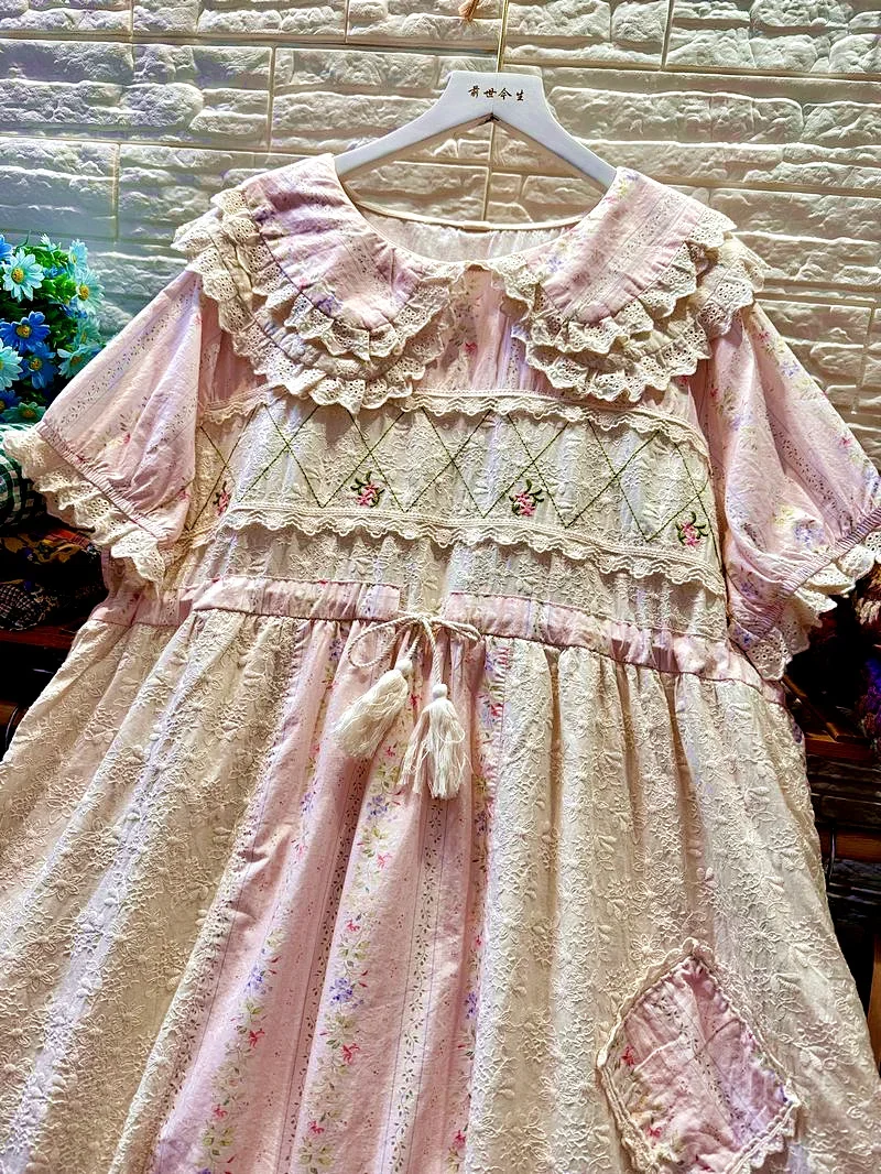 Vintage Rococo Sweet Cotton Ruffled Lace Patchwork Tunic Long Midi Dress Retro Shabby Chic Cottage Core Wedding Evening Dress