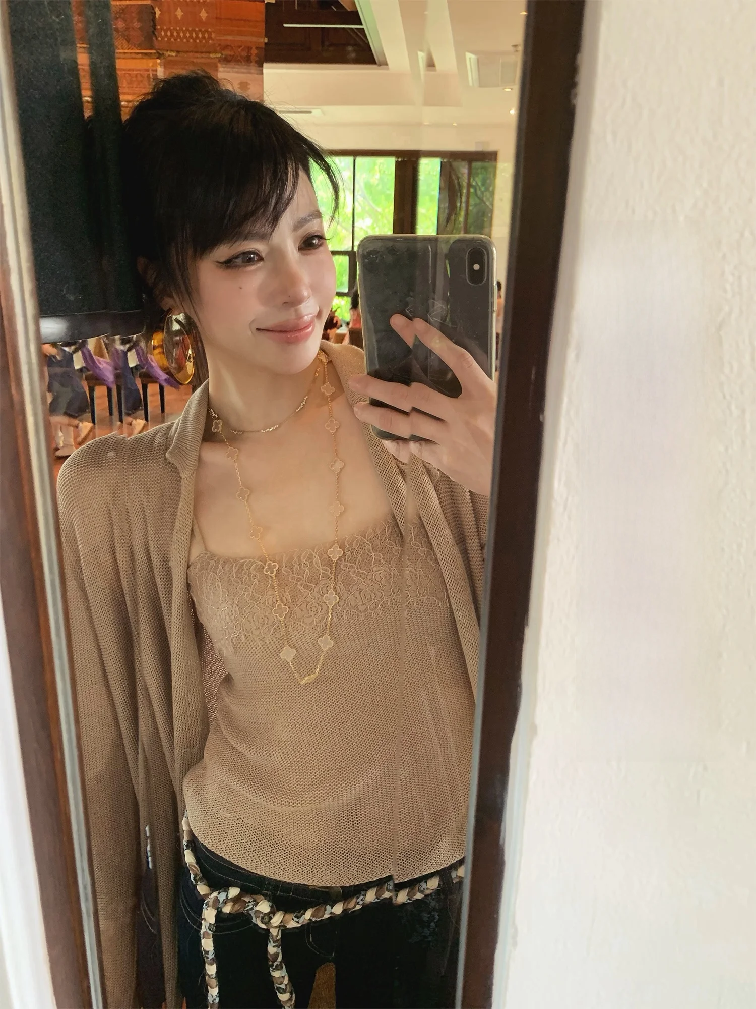 

ASM ANNA Spring Knitted Set Soft Knit Linen Texture Lace Strap Cardigan Women's Straight Cut ort Length Micro Elastici