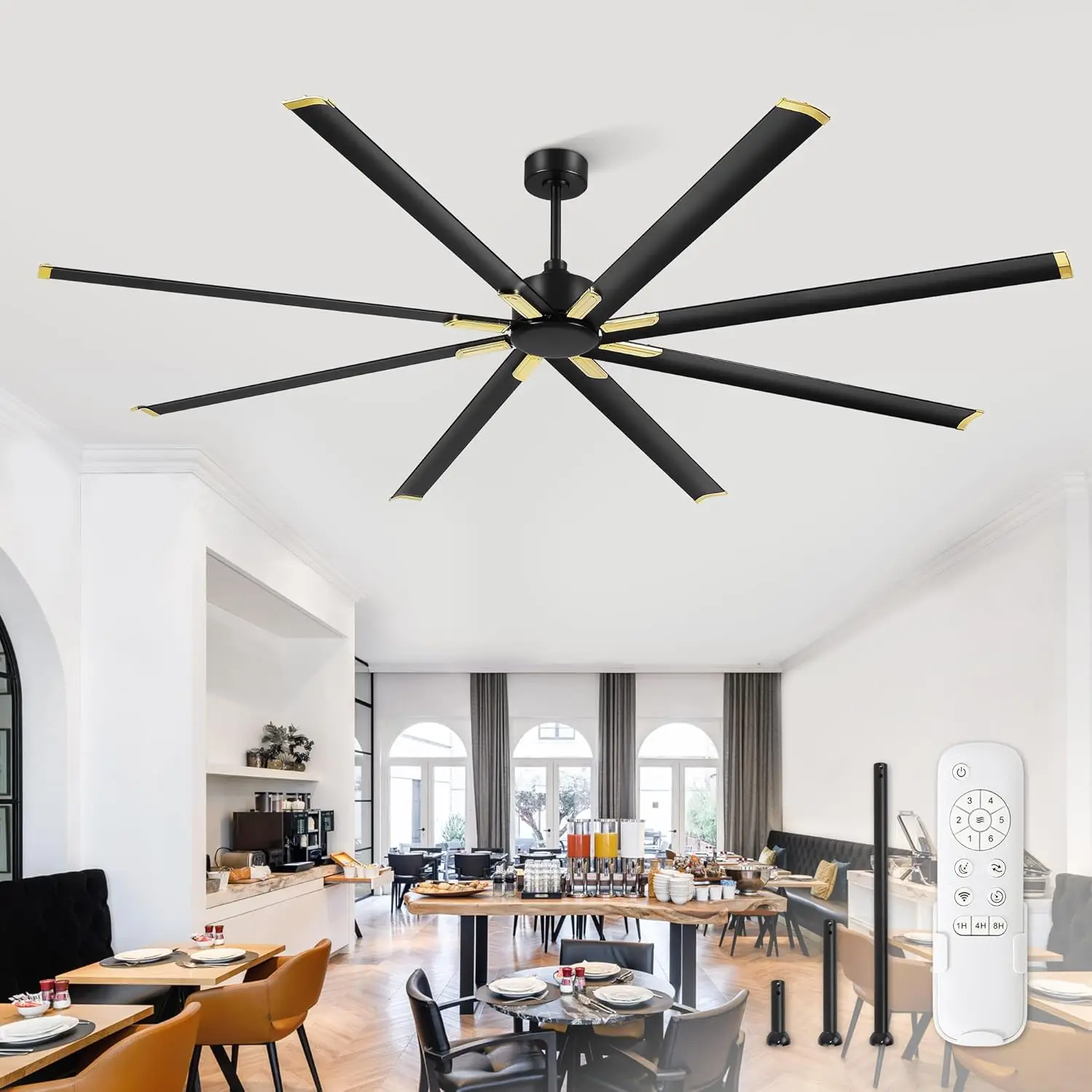 96 Inch Industrial DC Motor Ceiling Fan, Large Ceiling Fan with 8 Reversible Blades, 3 Downrods, 6-Speed Remote Control, Home or