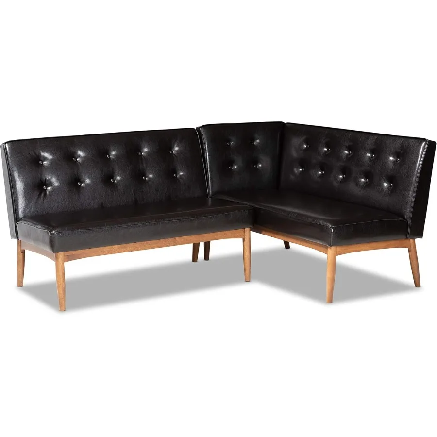 

Baxton Studio Arvid Mid-Century Modern Dark Brown Faux Leather Upholstered 2-Piece Wood Dining Corner Sofa Bench