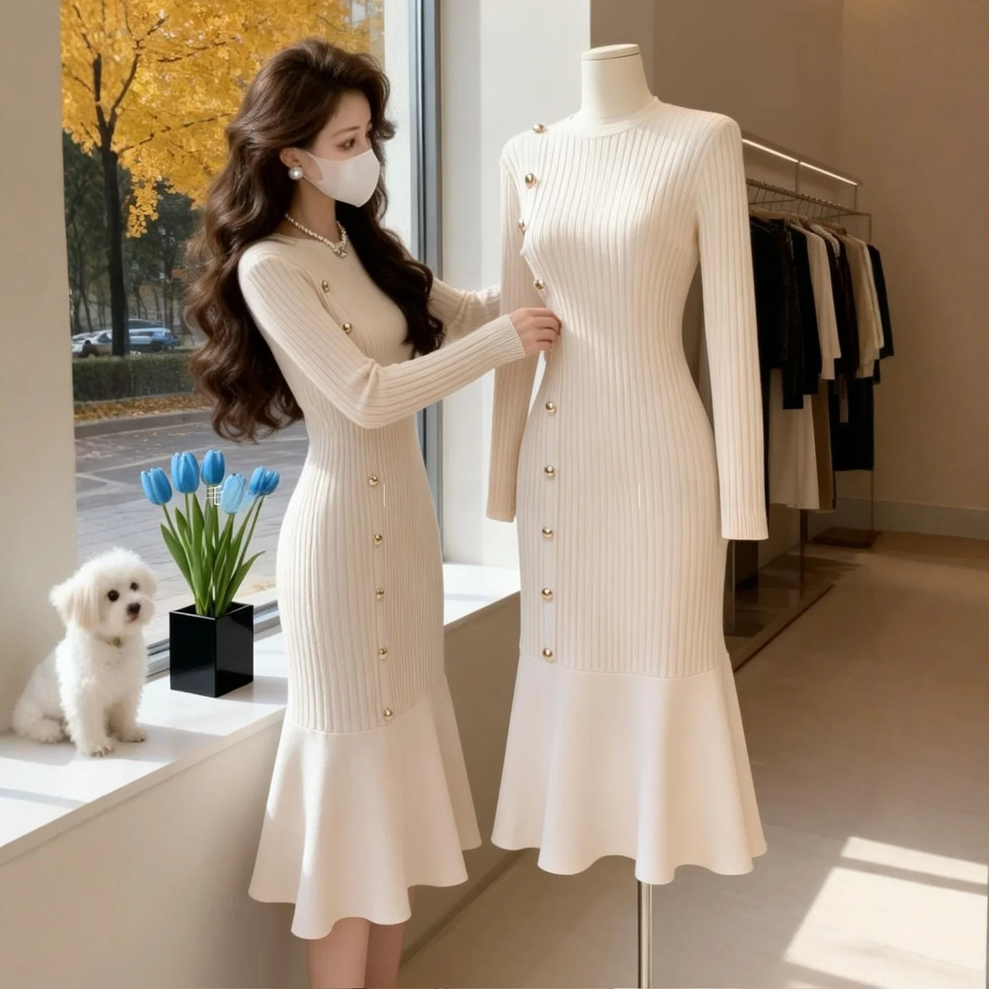 Red Knitted Sweater Dress Autumn Winter Wedding Return Home Wine Drinking Fish Tail Bottoming Skirt High Elasticity Knitted L...