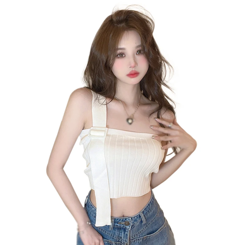 Women's One Shoulder Halter Knitted Camisole Solid Color Slimming Korean Style Summer Casual Warp Chest Crop Top