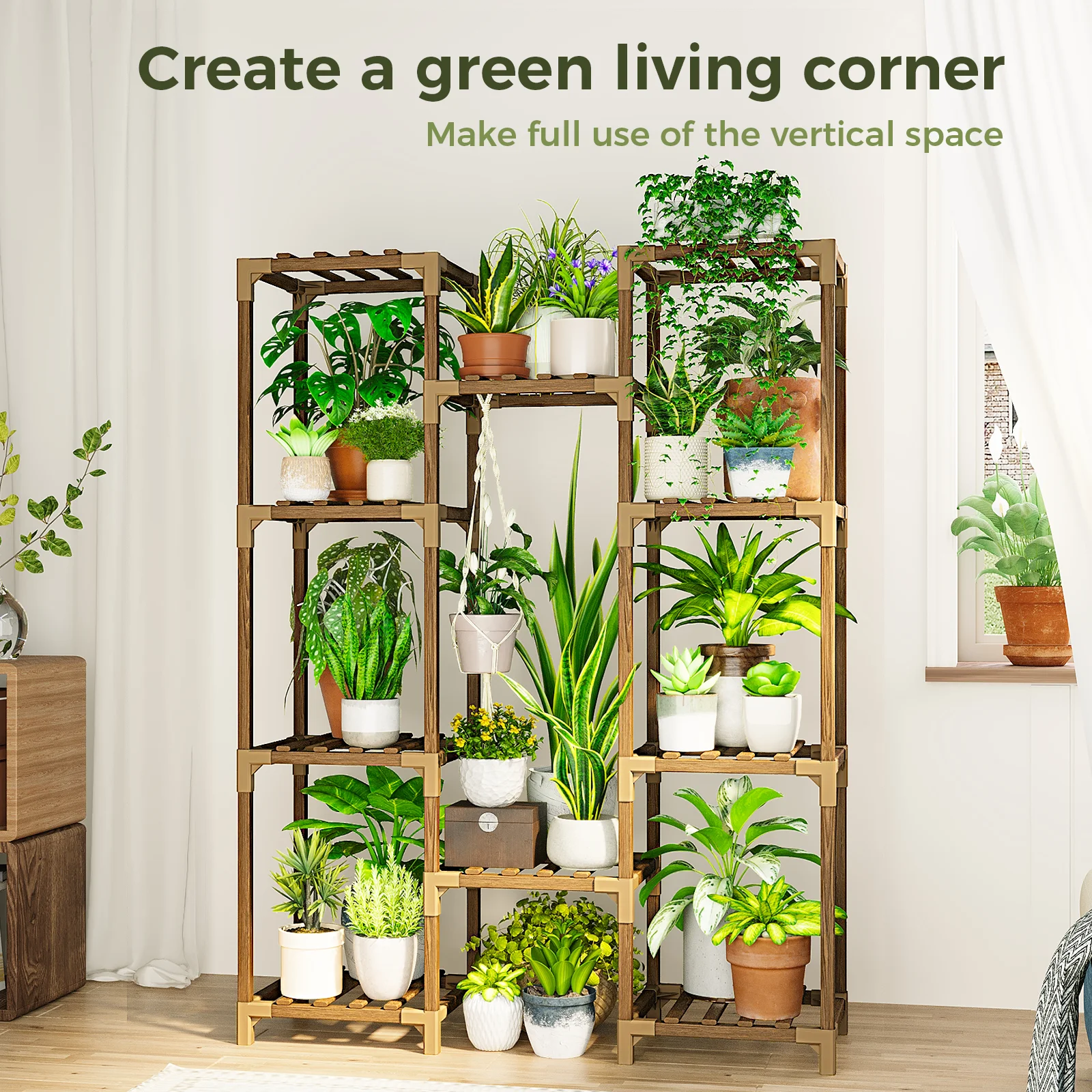 Bamworld Tall Wood Plant Stand Indoor-Outdoor, Multi-Tier Large Flower Shelf Rack for Living Room Patio Balcony Garden Decor image 4