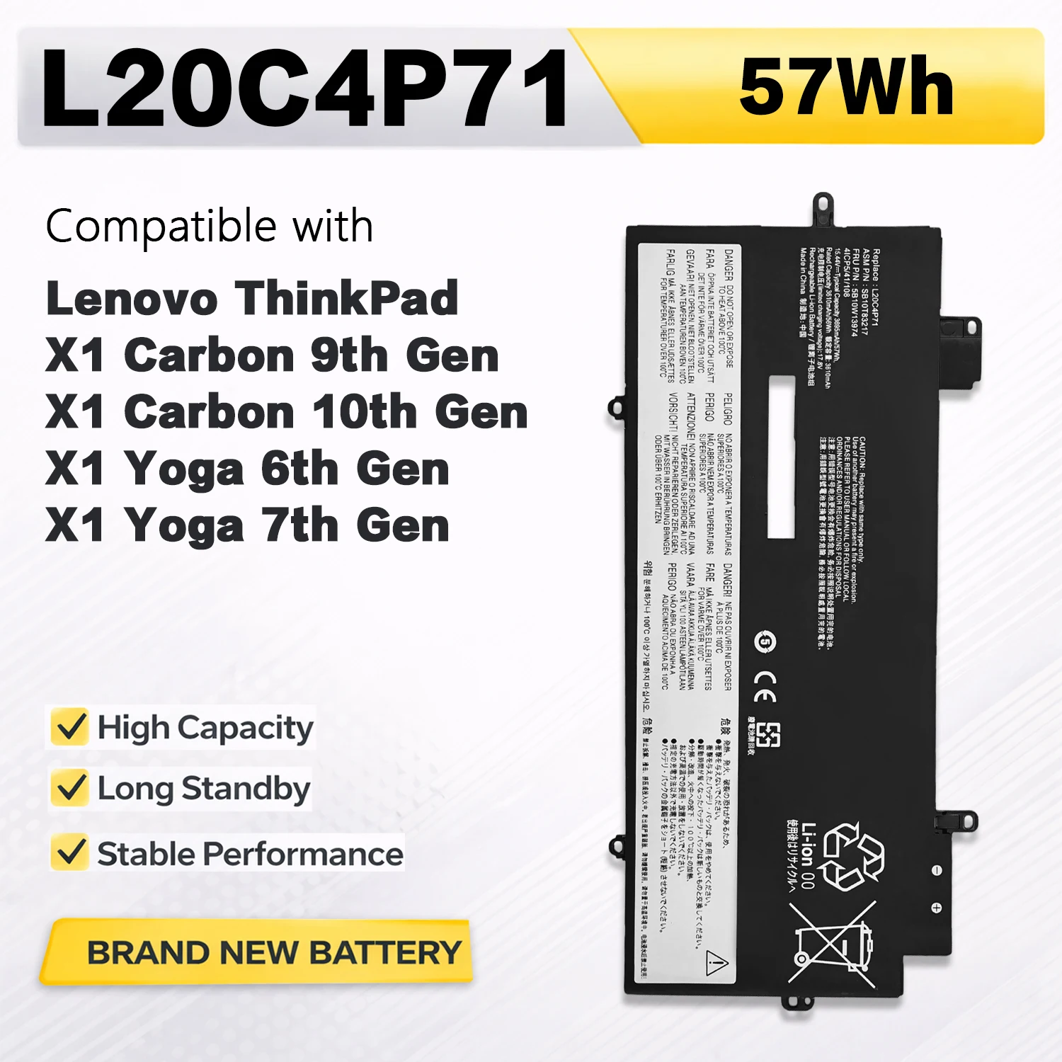 

Аккумулятор PowerHub L20C4P71 15.44V 57Wh для Lenovo ThinkPad X1 Carbon 9-го и 10-го поколений, X1 Yoga 6-го и 7-го поколений, замена L20D4P71