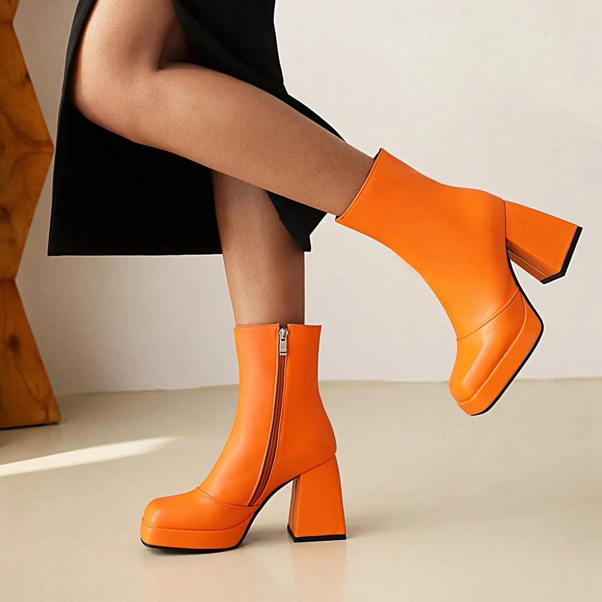 Fashion Women Ankle Boot Platform Sexy Orange Black Blue Thick Heels Low Boots Autumn Winter Ladies Party Shoes Large Size 42 43