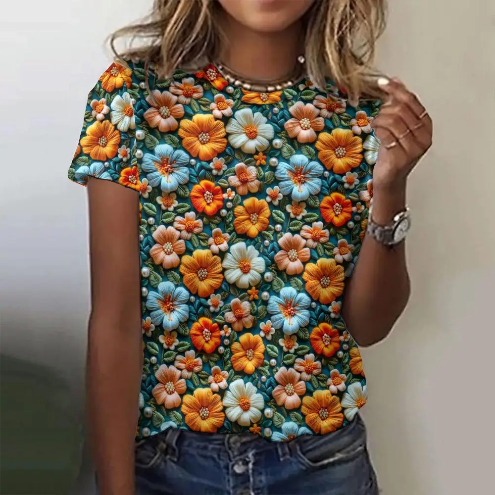 Summer Flower 3D Print T-shirts Women Streetwear Harajuku Casual Fashion Y2k Short Sleeve T Shirt O-neck Tees Tops Clothing