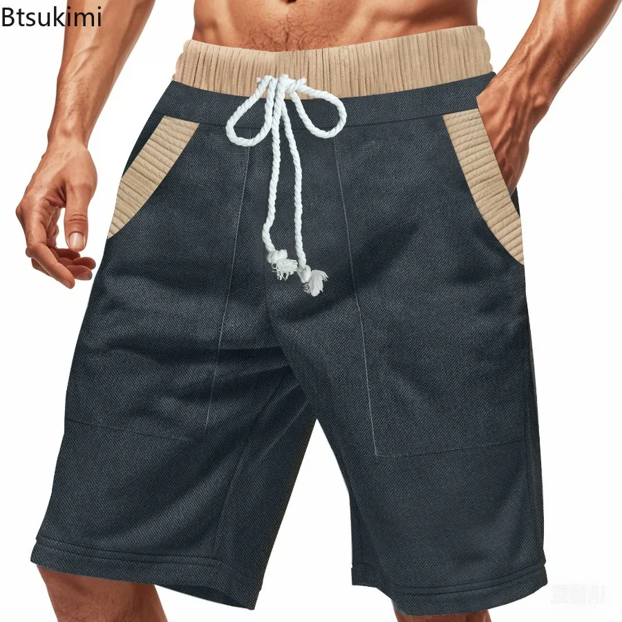 New 2025 Men's Summer Shorts Loose Casual Contrast Shorts for Men Trim Elastic Waist Pockets Shorts Male Outdoor Beach Shorts