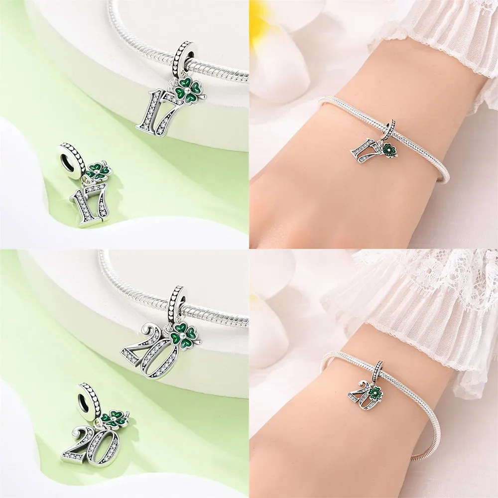 Squisito argento Sterling 925 verde Lucky Grass Numbers Bead Charm Fit bracciale pendente Fine Jewelry per donna ragazza