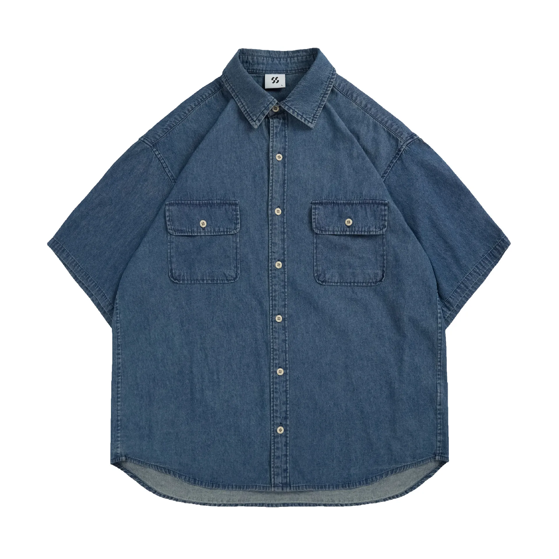 

Men's American Retro Distressed Denim Short-Sleeved Shirt Summer Double Pocket Washed Work Shirt