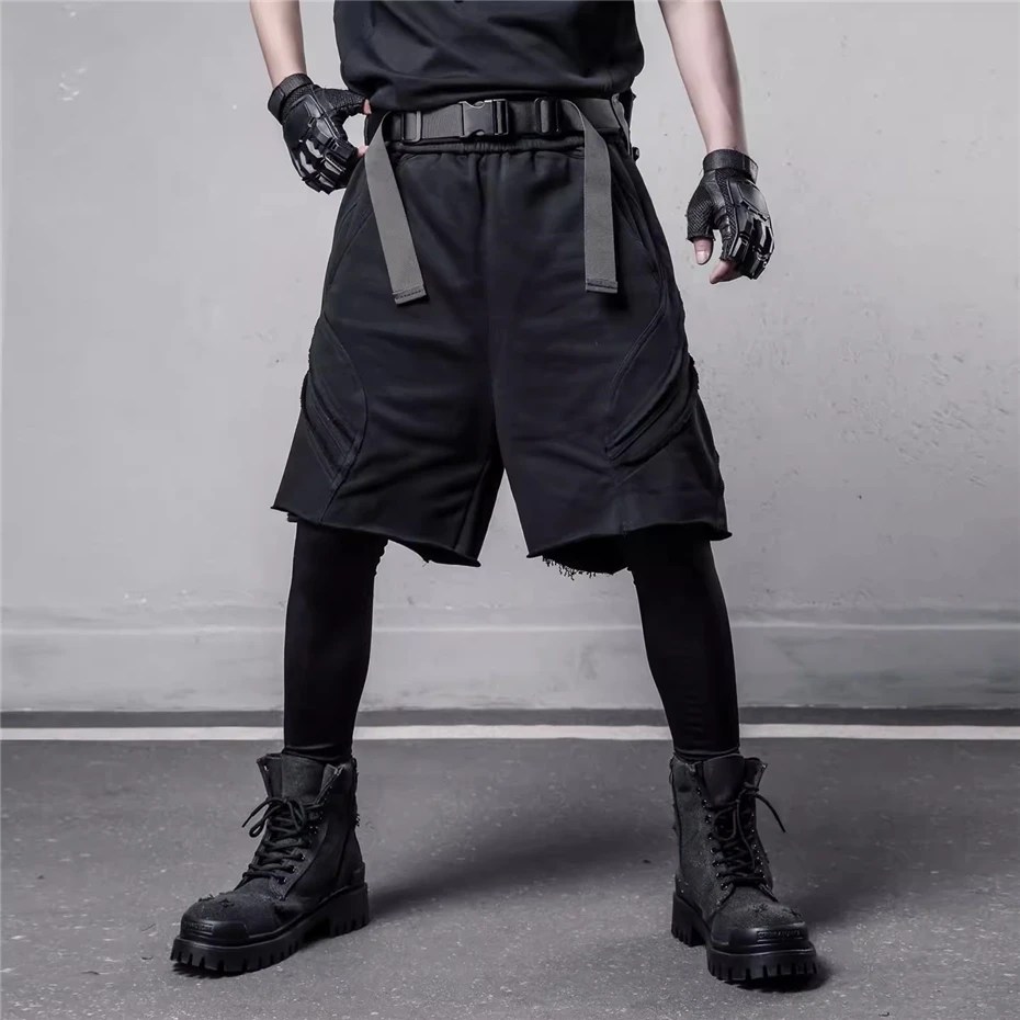 Tactical Raw Edge Shorts Men Streetwear Hip Hop Punk Patchwork Knee Length Pants Harajuku Function Baggy Sport Casual Shorts