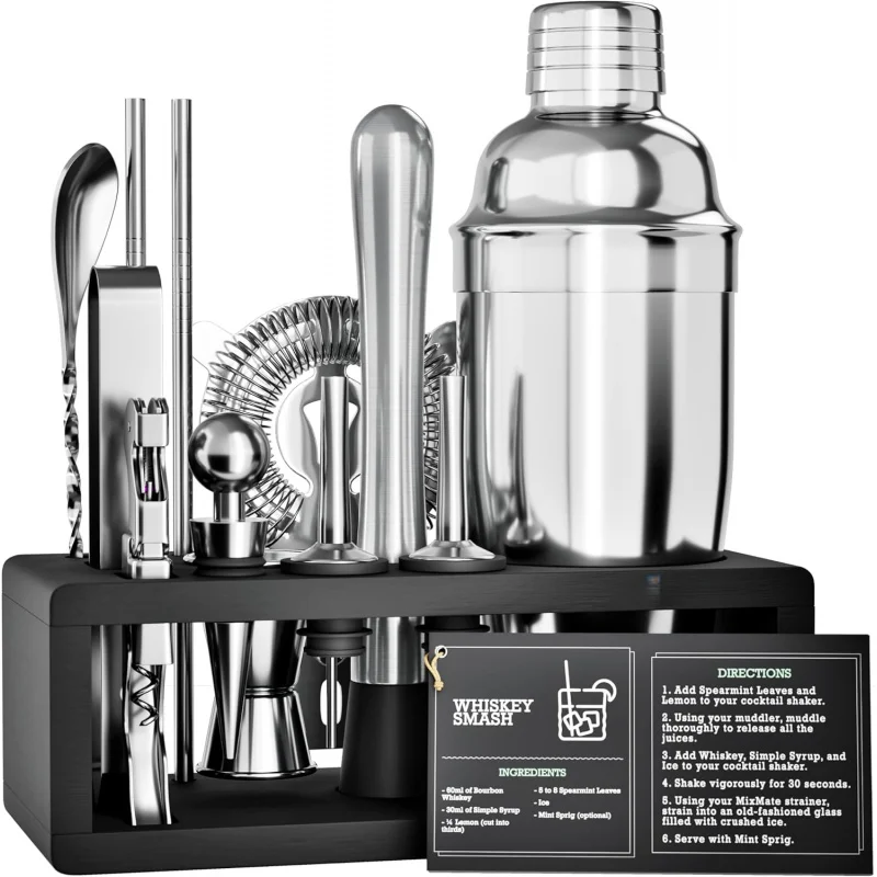 

Mixology Bartender Kit w/ Stand - 15Pcs Silver Bar Tool Set, Cocktail Shaker & Accessories | Ideal Gift