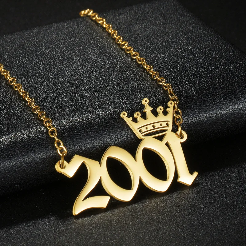 Stainless Steel Birth Year Number Necklace With Crown For Women Girls Pendant Chain Birthday Gift From 1980 to 2024