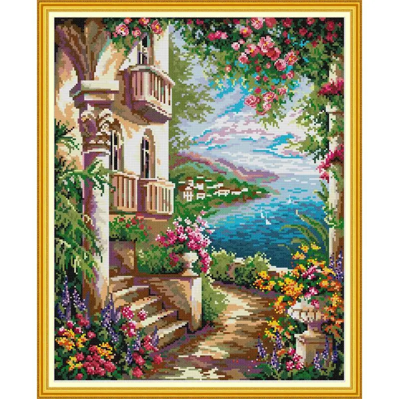 Seaside Mansion Landscape Pattern Cross Stitch Kit Aida 14CT 11CT White Fabric Needle Sewing Set DIY Embroidery Home Decor Gifts