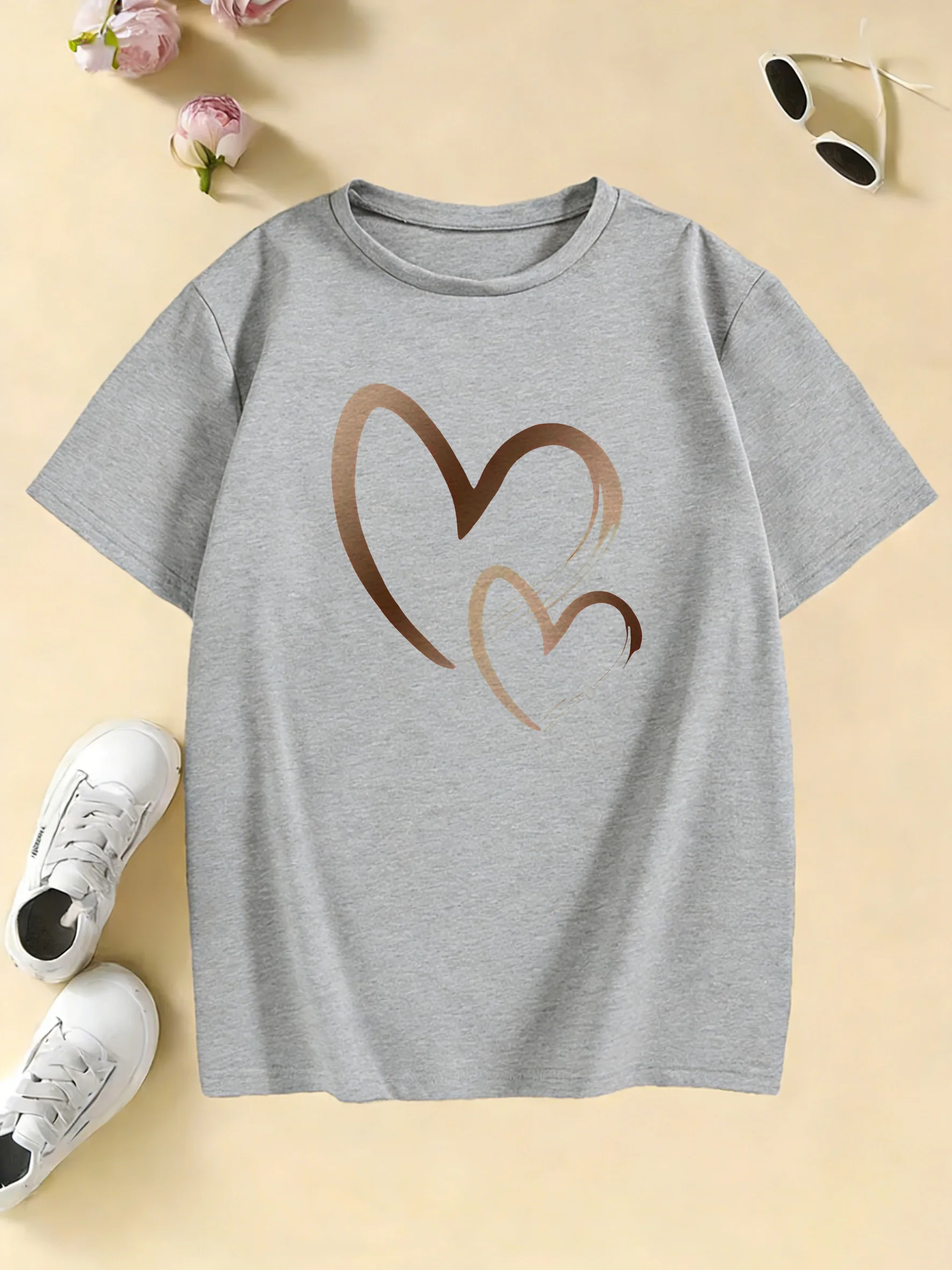 Vintage Fashion Girls Love Heart Design T Shirts Kids Children's T-shirt Girls Summer Spring Casual Top Tee view 3