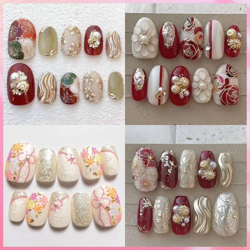 10PCS Ręcznie robiony manicure Press On Nails Cute Flowers Pearl Fake Nails Krótkie owalne sztuczne paznokcie 3D Malowanie paznokci z zestawem pilników do paznokci