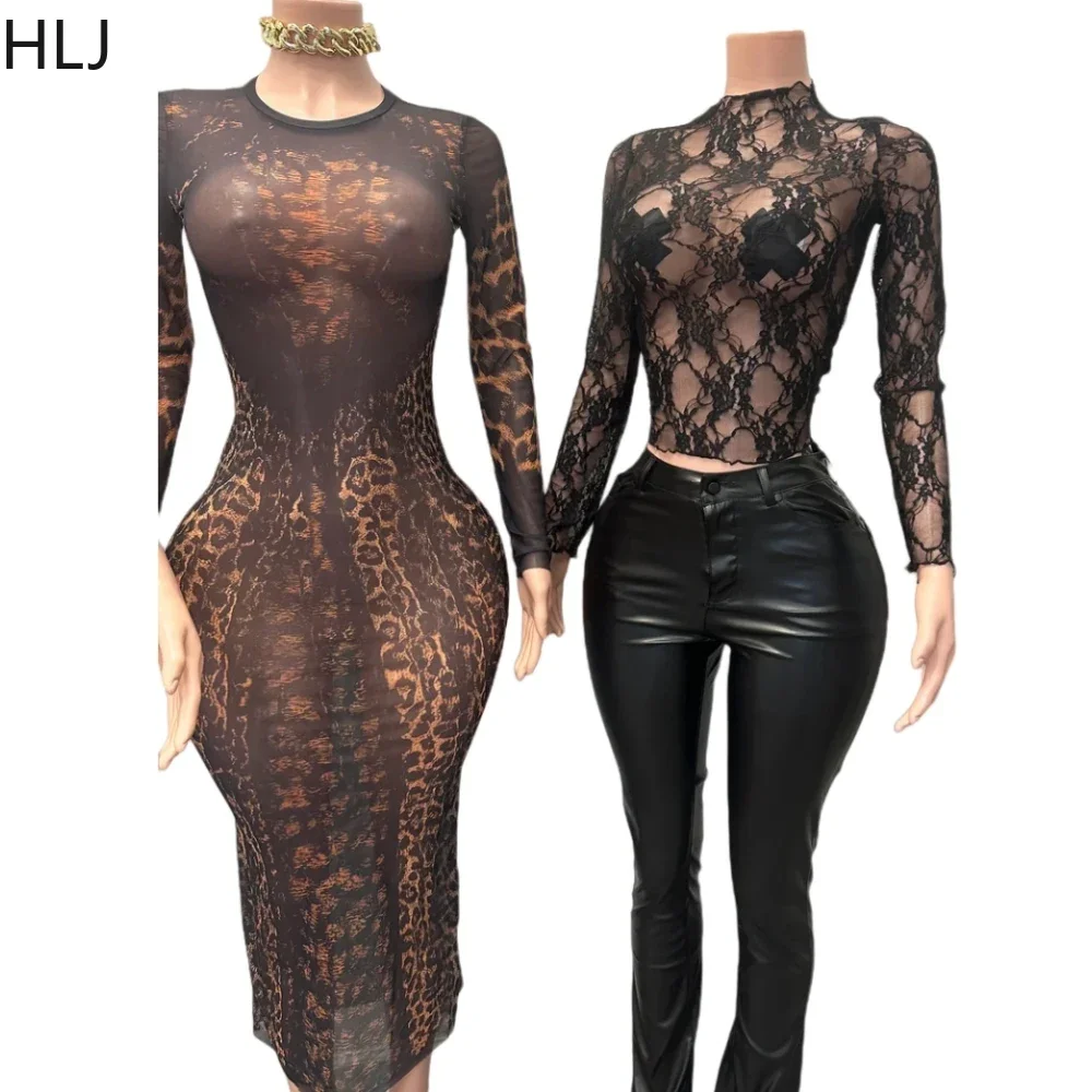 HLJ&GG Sexy Black Mesh See Though Top Two Piece Sets Women Long Sleeve Crop Top And Leather Pants Outfits Fashion Streetwear Y2K