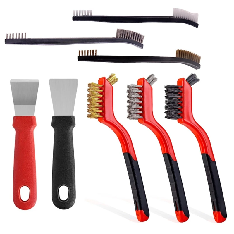 Wire Brush Set For Cleaning Black & Red Metal+Plastic With Paint Scraper For Rust,Dirt