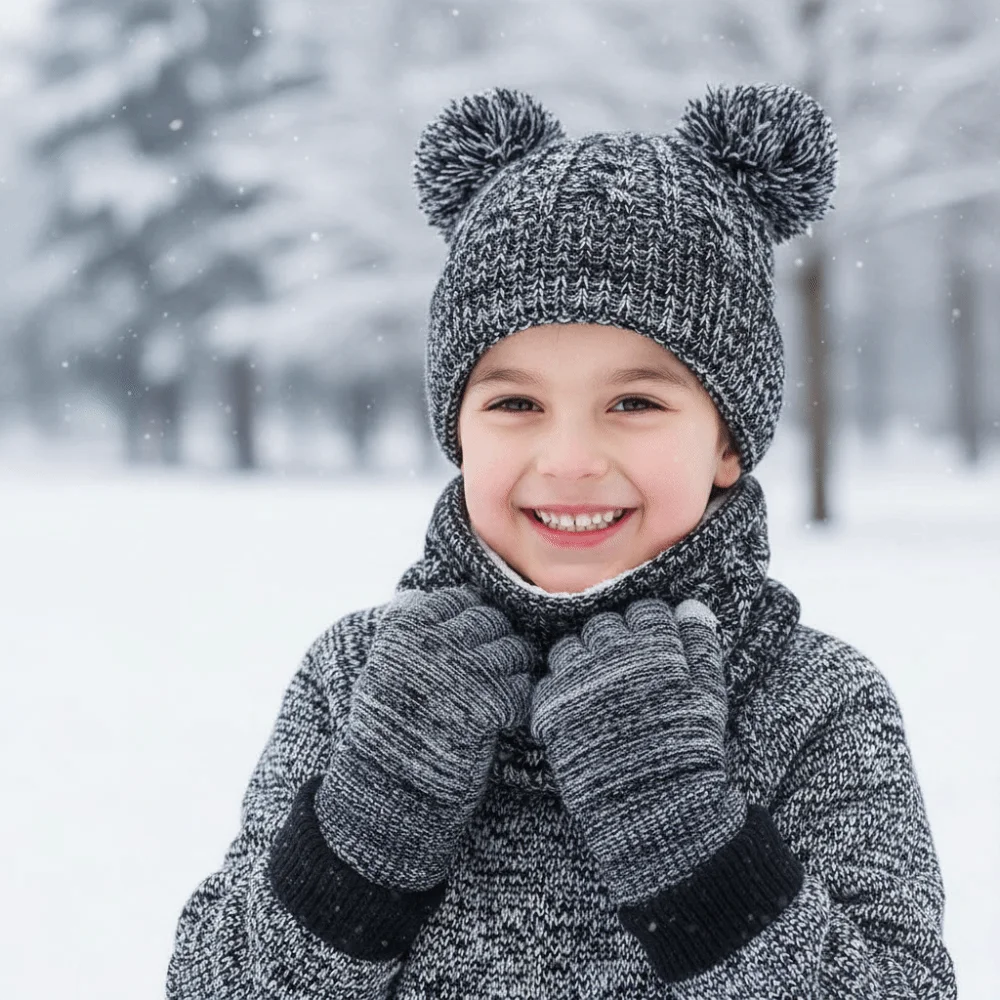 

Cute Pompom Baby Hat Scarf Gloves Set Thickened Warm Ears Toddler Knitted Hats Keep Warm with Velvet Kids Hat Set Outdoor