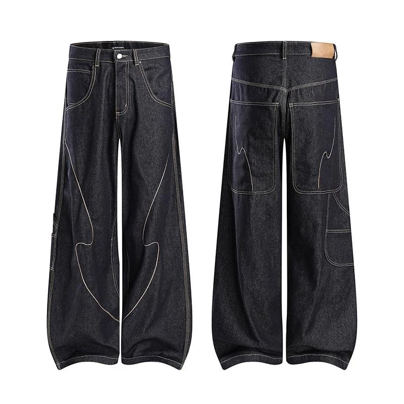 American Vintage Contrast Stitch Raw Denim Pants For Men Women Deconstructed Curved Baggy Street Wide Leg Jeans M7H3