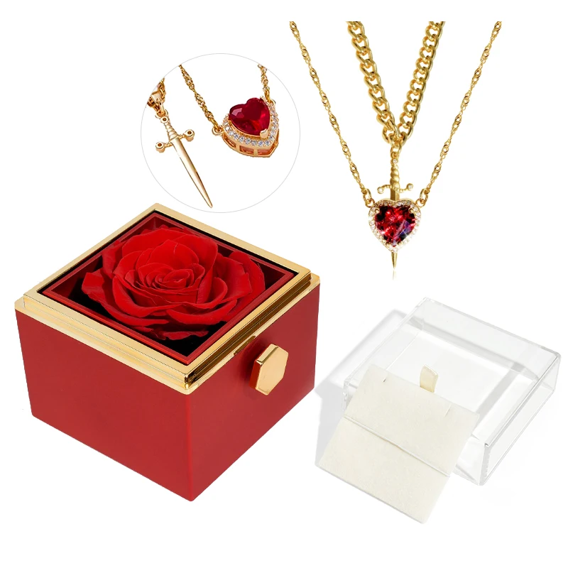 Rotating Eternal Rose Gift Box with Heart and Sword Pendant Necklace for Women Romantic Birthday Holiday Jewelry Gifts