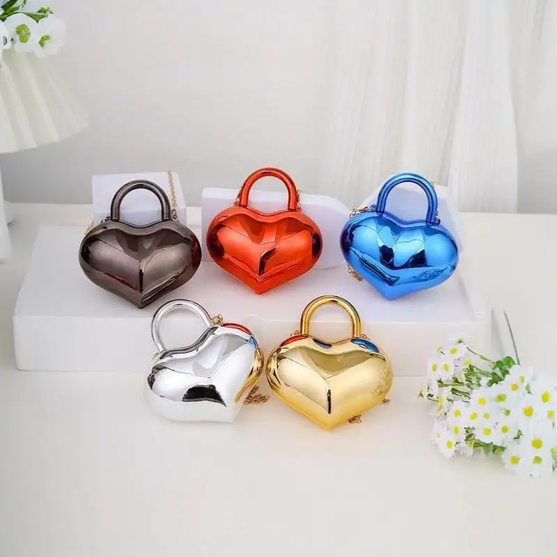 Heart Shaped Metallic Crossbody Bag Mini Size Glossy Detachable Chain Strap Cute Purse for Women Casual Daily Wear