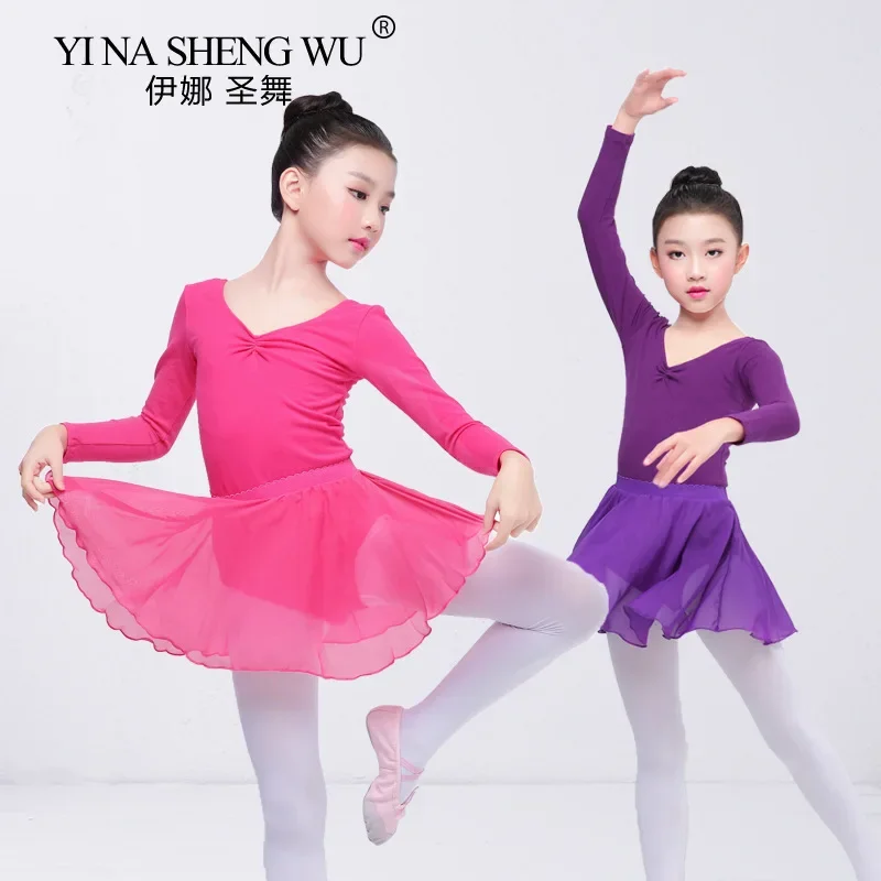 

Детский хлопковый гимнастический трико для девочек, балетная одежда, детские танцевальные трико с длинными/короткими рукавами, костюм балерины с шифоновой юбкой