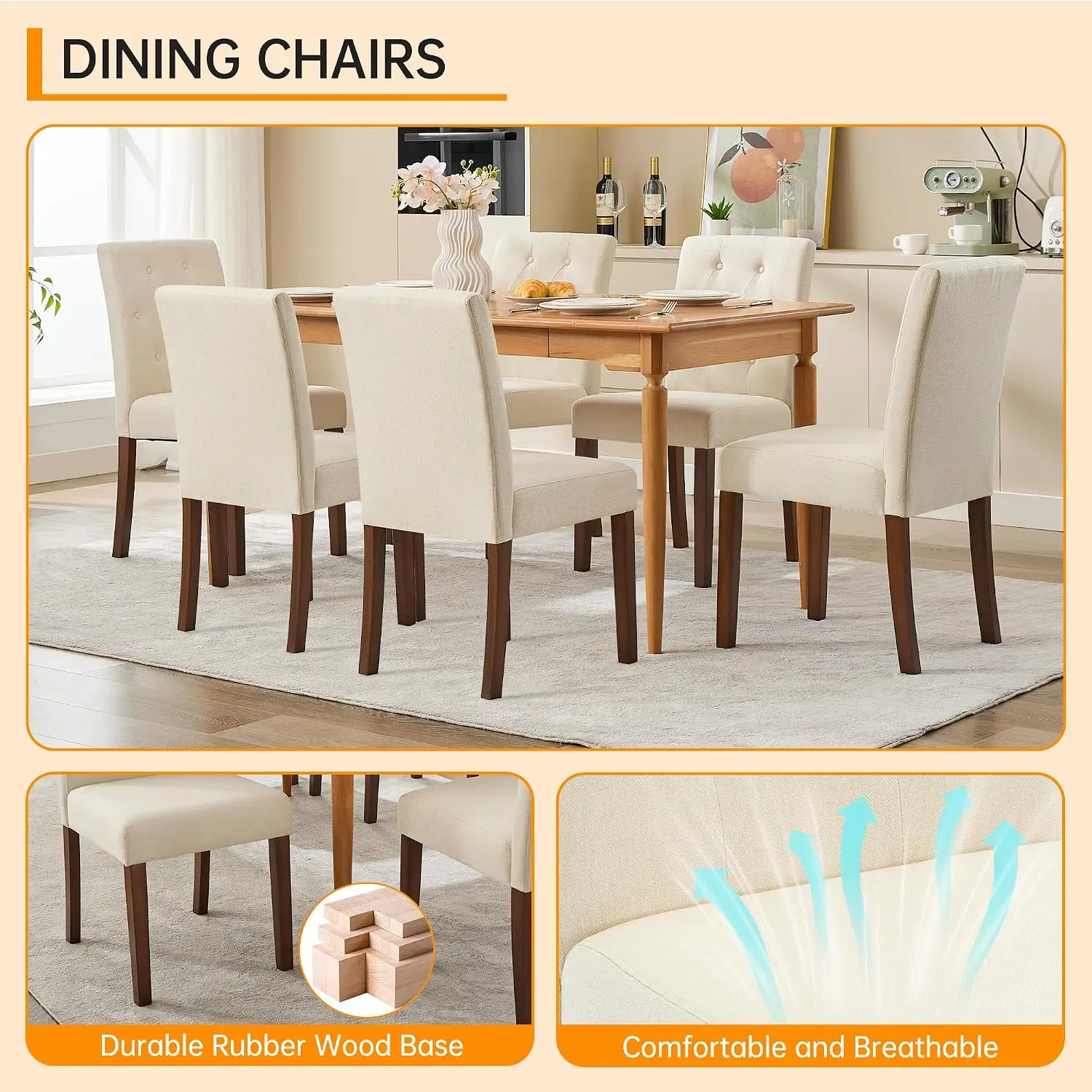 Garvee 2er-Pack Beige Leinen-Esszimmerstühle mit Gesteppter Rückenlehne – Massivholzbeine, Hochdichter Schaumstoff, Ergonomische Unterstützung für Alltägliche Familienessen