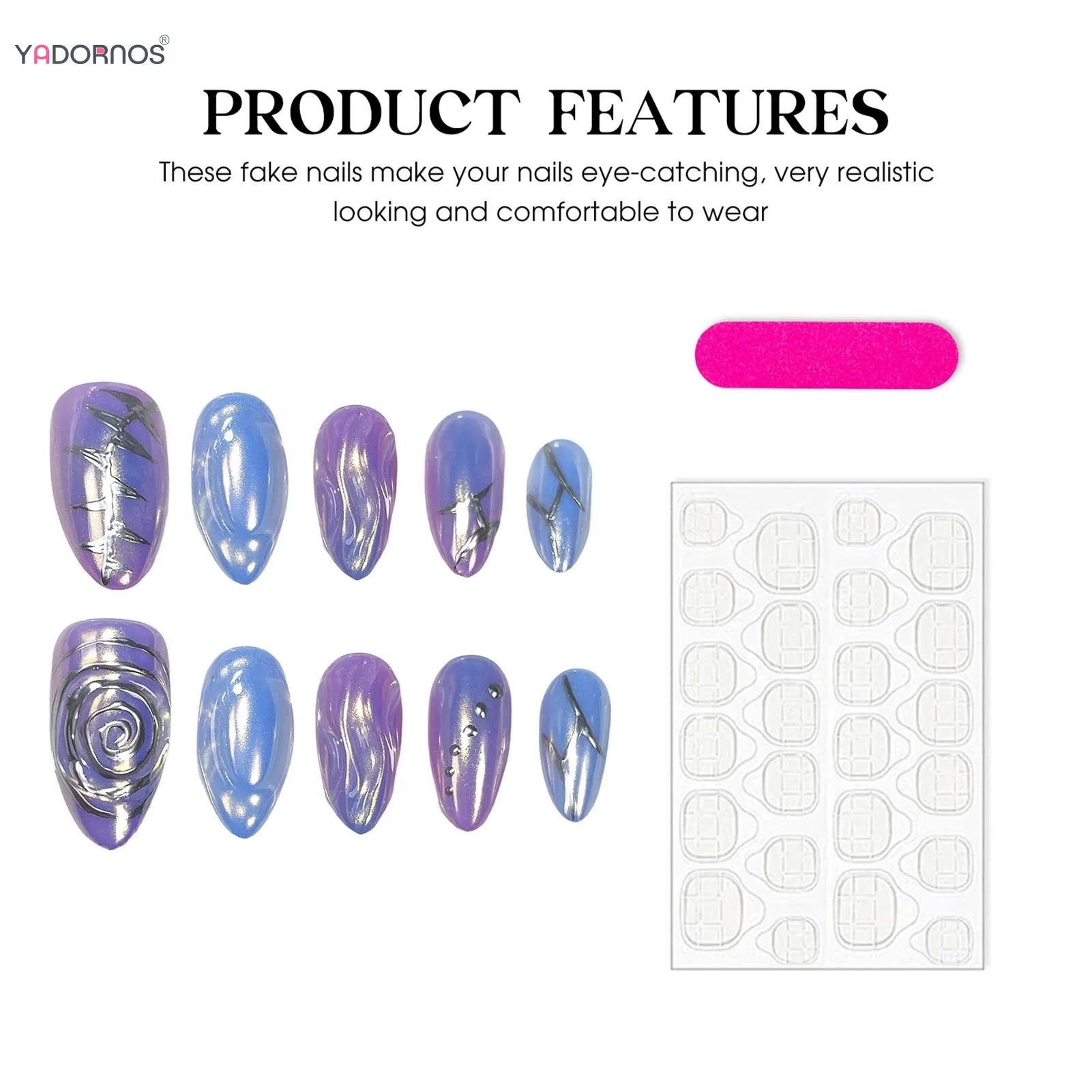 Aurora Handmade Unhas Falsas, Unhas Falsas Azuis Roxas Amêndoas, Heavy Metal, Wearable Manicure Tips, Y2K Girls, 10Pcs