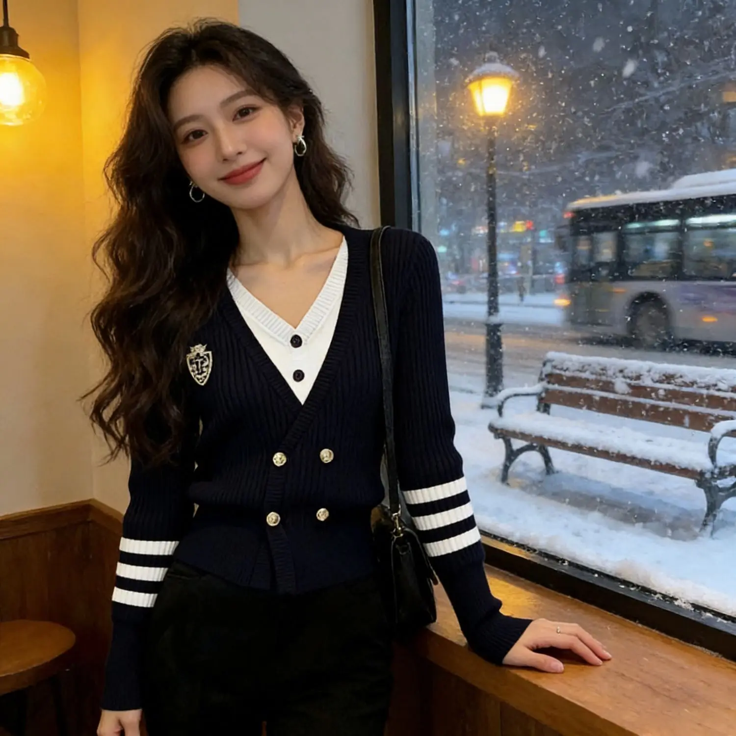 Slim Fit Knitted Sweater with Fake Two-Piece Design in Royal Blue with Double-Row Buttons College Style Spring 2026 Women's F...