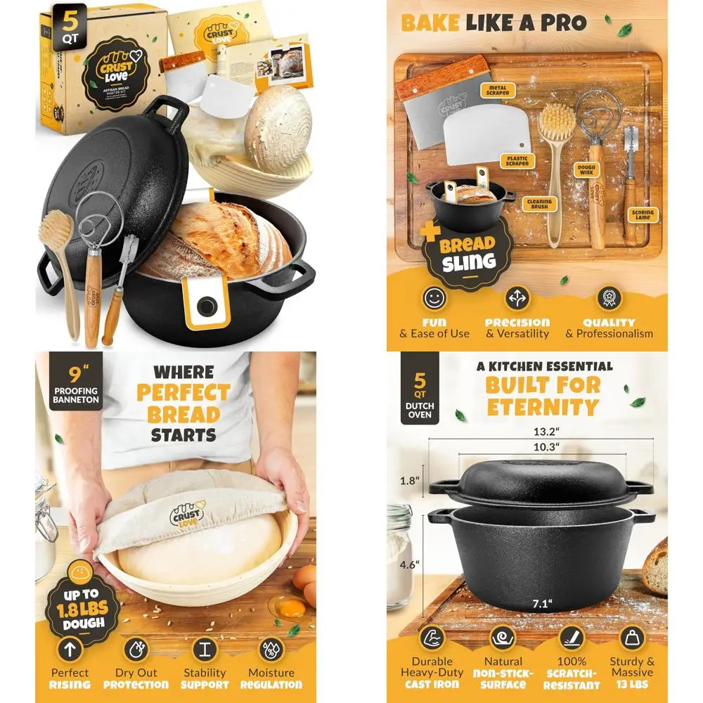 

Cast Iron Dutch Oven for Sourdough Bread Baking - Includes Banneton Basket, 5 Quart Bread Oven