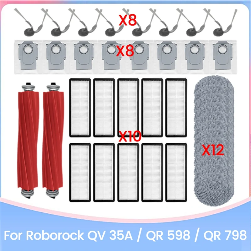 A23F-Main Side Brush HEPA Filter Mop Cloth Dust Bag Replacement For Roborock QR 798 / QR 598 / QV 35A Vacuum Cleaner Parts