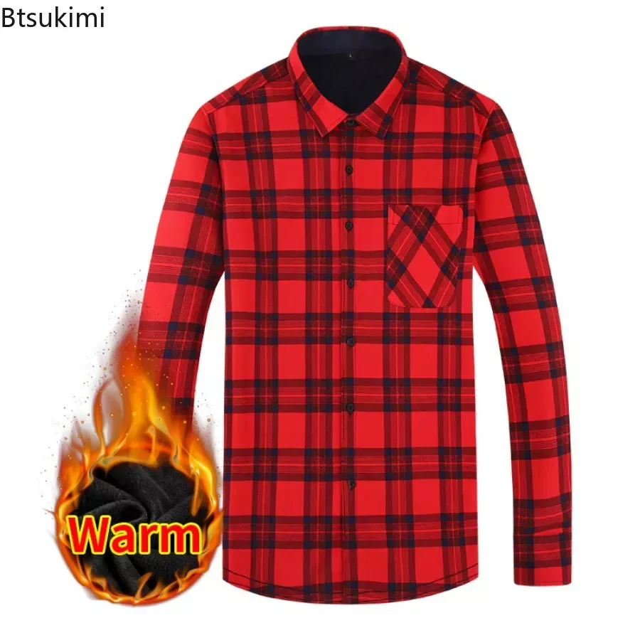 2024 Men's Winter Warm Long Sleeve Plaid Shirts Pocket Design Thicker Fleece Casual Shirts Male Club Party Shirts for Men Shirts