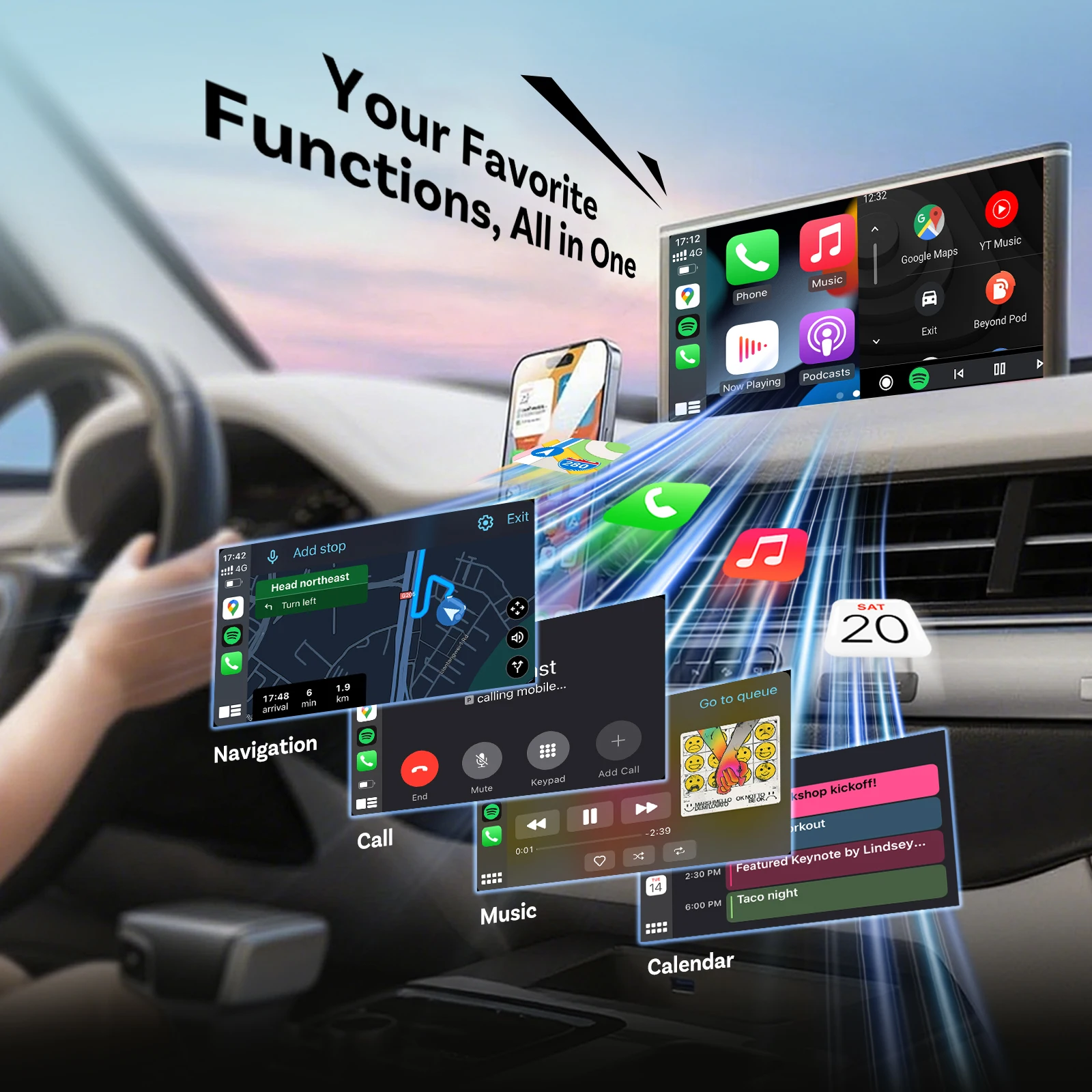 محول Ottocast Mini Slim Carplay Android Auto Wireless Compact Auto Reconnect Dual Device Memory الاقتران السريع لشركة Fiat Audi