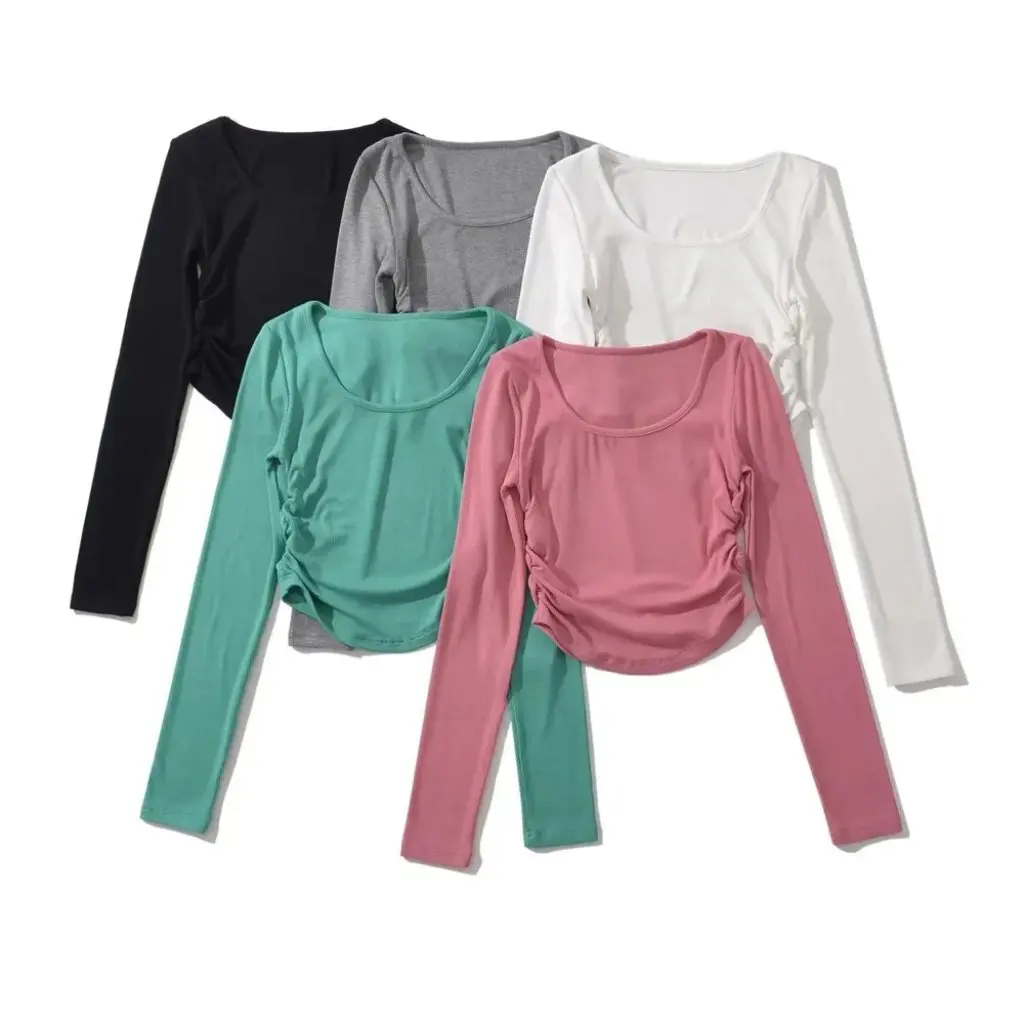 

YPFF Women's Elegant Square Collar Long-Sleeved Top Trendy Pleated Waist-Tight Short T-Shirt for Autumn Sexy Classy Fashion