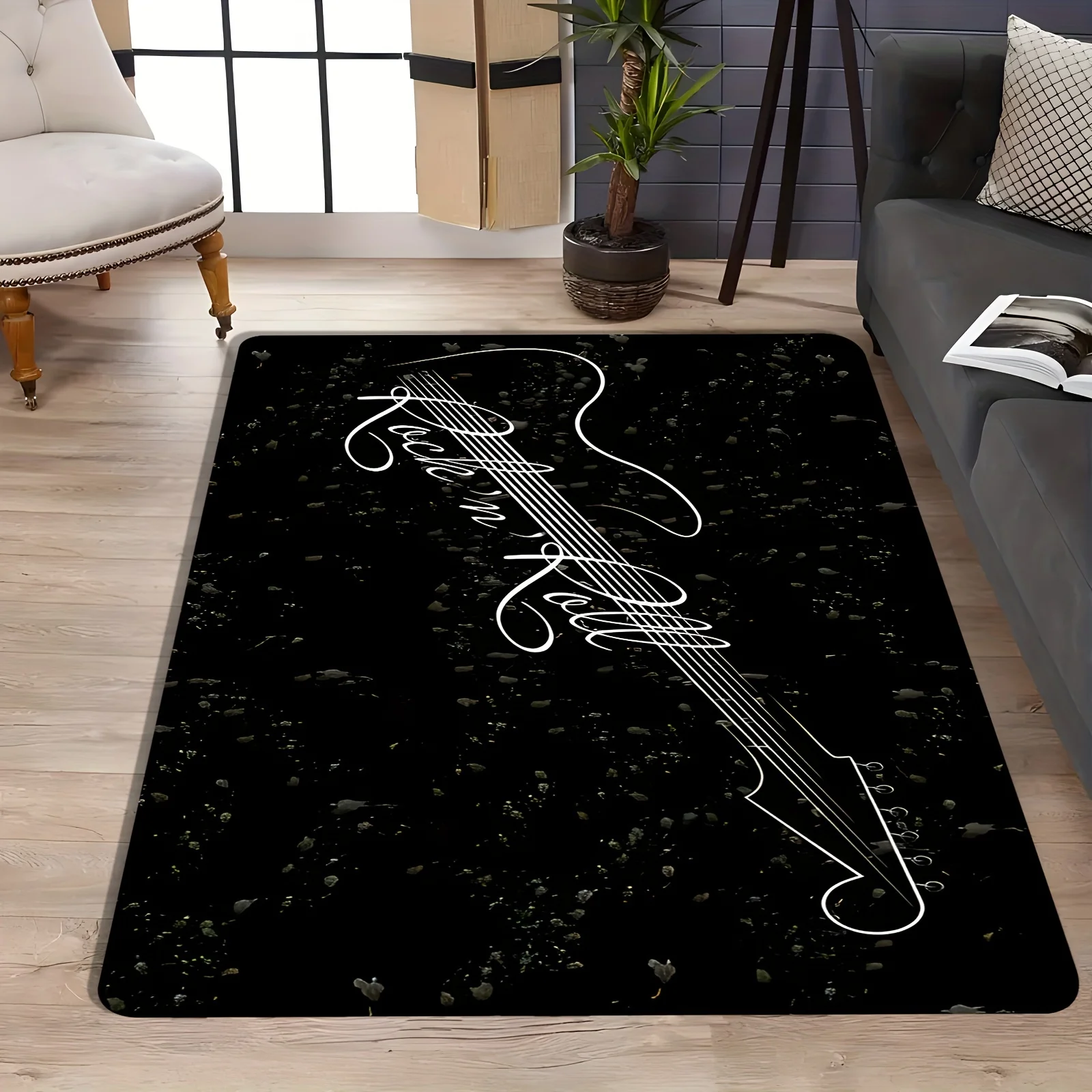 Minimalist Guitar Line Art Rug Non-slip Black Music Themed Floor Mat Rock Style Carpet for Living Room Bedroom Music Room Decor