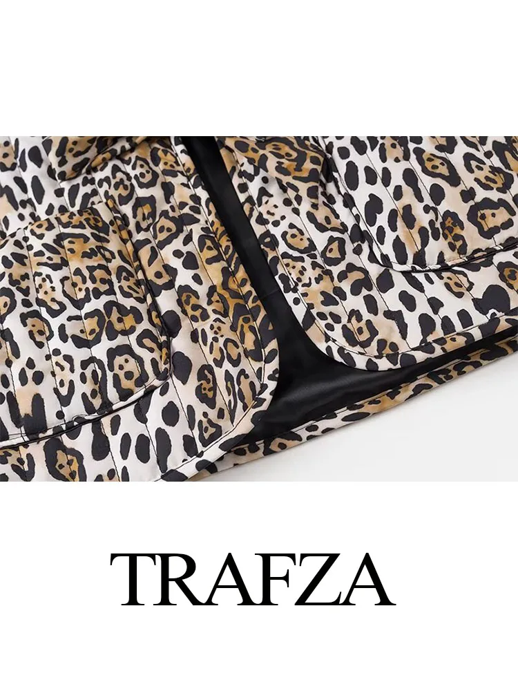 TRAFZA Women Elegant Leopard Print Long Sleeves Casual Chic Cotton Jacket Woman Pocket Lace Up Decorate Loose Slim Coat Mujer